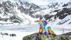 Size: 1192x670 | Tagged: safe, artist:mgrdash, rainbow dash, pegasus, pony, g4, clothes, irl, mountain, outdoors, photo, plushie, ponies in real life, scarf