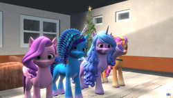 Size: 1920x1080 | Tagged: safe, artist:geo bluecropper, izzy moonbow, misty brightdawn, pipp petals, sunny starscout, earth pony, pegasus, pony, unicorn, g5, 3d, christmas, christmas tree, female, holiday, horn, indoors, looking at you, mane stripe sunny, mare, source filmmaker, tree, waving