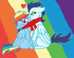 Size: 413x324 | Tagged: safe, artist:sun-strikee, rainbow dash, soarin', pegasus, pony, g4, clothes, female, male, mare, scarf, shared clothing, shared scarf, ship:soarindash, shipping, stallion, straight