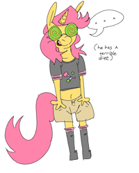 Size: 1513x1893 | Tagged: safe, artist:rubyrelax, oc, oc only, oc:twister pop, unicorn, anthro, unguligrade anthro, clothes, glasses, horn, khakis, male, smiling, socks, speech bubble