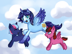 Size: 1024x768 | Tagged: source needed, safe, artist:eiimo, oc, oc:blue thunder, alicorn, colt, female, filly, flying, foal, male