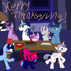 Size: 7999x7999 | Tagged: source needed, safe, artist:realtyler, night light, princess cadance, princess flurry heart, shining armor, twilight sparkle, twilight velvet, oc, oc:blue thunder, oc:prince thunderbolt, oc:princess arilight, alicorn, unicorn, g4, holiday, horn, indoors, thanksgiving, twilight sparkle (alicorn)