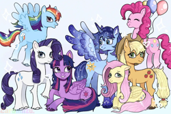 Size: 900x600 | Tagged: source needed, safe, artist:caramiizu, applejack, fluttershy, pinkie pie, rainbow dash, rarity, twilight sparkle, oc, oc:blue thunder, alicorn, earth pony, pegasus, unicorn, g4, balloon, horn, mane six, twilight sparkle (alicorn)