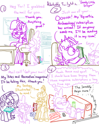 Size: 4779x6013 | Tagged: safe, artist:adorkabletwilightandfriends, moondancer, spike, starlight glimmer, twilight sparkle, oc, oc:pinenut, alicorn, cat, comic:adorkable twilight and friends, g4, adorkable, adorkable twilight, boop, chair, comic, content, couch, cute, dork, excited, happy, kite, magazine, magazine cover, map, map of equestria, nose wrinkle, noseboop, office, office chair, relaxing, remote, remote control, sitting, slice of life, smiling, sports, squishy, study, television, that pony sure does love kites, twilight sparkle (alicorn)