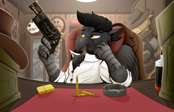 Size: 6950x4480 | Tagged: safe, artist:tinnitus, oc, oc only, oc:nail falcon, oc:yellow night, griffon, fallout equestria, alcohol, armchair, armor, ashtray, bullet, chair, cigar, closet, clothes, fallout equestria: parallelism, gun, handgun, hat, indoors, lighter, male, revolver, room, table, weapon, whiskey