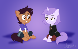 Size: 2530x1597 | Tagged: safe, artist:jaedenwalton, earth pony, pony, unicorn, amity blight, female, grin, horn, lesbian, looking at each other, looking at someone, lumity, luz noceda (the owl house), non-mlp shipping, ponified, rule 85, shipping, sitting, smiling, the owl house