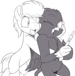 Size: 979x995 | Tagged: safe, artist:nauyaco, oc, oc:ardent heart, griffon, pony, female, hug, male, monochrome, pregnancy test, stallion