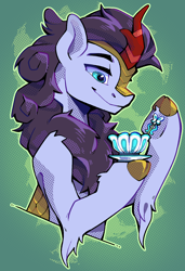 Size: 1266x1850 | Tagged: safe, artist:breloomsgarden, oc, oc only, oc:silver brook, kirin, abstract background, bust, cup, food, happy, kirin oc, male, smiling, stallion, stirring, tea, teacup