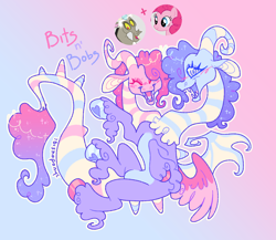 Size: 2018x1751 | Tagged: safe, artist:bishopony, discord, pinkie pie, oc, oc:bits n' bobs, draconequus, earth pony, pony, blush scribble, blushing, colored hooves, conjoined, conjoined twins, draconequus oc, duo, ethereal mane, eyes closed, fangs, floating, fusion:discord, fusion:pinkie pie, gradient background, hoof heart, hooves, long feather, looking at you, mismatched wings, multicolored hooves, multiple heads, name, open mouth, open smile, screencap reference, signature, smiling, smiling at you, starry mane, swirly eyes, two heads, underhoof, unshorn fetlocks, wings