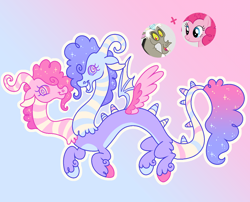 Size: 952x771 | Tagged: safe, artist:bishopony, discord, pinkie pie, oc, oc:bits n' bobs, draconequus, earth pony, pony, colored hooves, conjoined, conjoined twins, draconequus oc, duo, ethereal mane, eyes closed, fangs, floating, fusion:discord, fusion:pinkie pie, gradient background, hooves, looking at you, mismatched wings, multicolored hooves, multiple heads, open mouth, open smile, screencap reference, smiling, smiling at you, starry mane, swirly eyes, two heads, unshorn fetlocks, wings