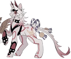 Size: 1205x1012 | Tagged: safe, artist:rottendevilman, oni, pony, arataki itto (genshin impact), bow, choker, horns, leonine tail, male, ponified, simple background, solo, spiked choker, spiked wristband, stallion, tail, tail bow, white background, wristband