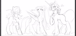 Size: 2036x963 | Tagged: safe, artist:rottendevilman, lily lightly, scootaloo (g3), starsong, earth pony, pegasus, pony, unicorn, g3, black and white, female, goggles, grayscale, headdress, horn, jewelry, leonine tail, mare, monochrome, necklace, simple background, sketch, tail, trio, white background, wip