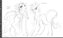 Size: 1372x825 | Tagged: safe, artist:rottendevilman, cheerilee (g3), sweetberry, earth pony, pony, unicorn, g3, apron, black and white, braid, braided tail, clothes, duo, female, grayscale, horn, leonine tail, mare, monochrome, sketch, tail, wip