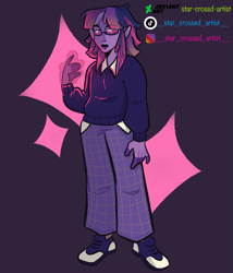 Size: 3877x4519 | Tagged: safe, artist:star-crossed-artist, twilight sparkle, human, g4, alternate hairstyle, clothes, elf ears, female, glasses, humanized, lipstick, magic, pants, pony coloring, shirt, shoes, sneakers, solo, sweater