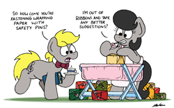 Size: 2442x1523 | Tagged: safe, artist:bobthedalek, oc, oc only, oc:mixed melody, oc:octavia's father, oc:octavia's mother, oc:ostinato melody, earth pony, pony, apron, bipedal, book, bowtie, changing table, clothes, cup, mouth hold, safety pin, teacup, wrapping, wrapping paper