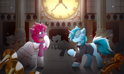 Size: 3840x2301 | Tagged: safe, artist:gale spark, tempest shadow, oc, pony, unicorn, g4, cello, clock, clothes, horn, invite, musical instrument, prom, skirt, smiling, suit, trumpet