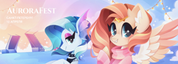 Size: 1920x696 | Tagged: safe, artist:crystal lagoon, oc, oc only, oc:aurora (aurorafest), oc:lumi (aurorafest), merpony, pegasus, pony, seapony (g4), aurorafest, bridge, convention, convention art, convention mascot, duo, female, fin ears, jewelry, lidded eyes, looking at you, mascot, river, saint petersburg, smiling, smiling at you, sunlight, tiara, water