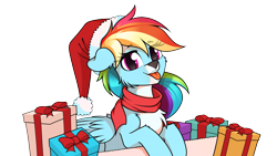 Size: 6578x3700 | Tagged: safe, artist:dacaoo, rainbow dash, deer, deer pony, original species, pegasus, peryton, pony, g4, :p, chest fluff, christmas, clothes, deerified, female, hat, high res, holiday, looking at you, mare, present, santa hat, scarf, simple background, solo, species swap, tongue out, transparent background