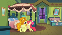 Size: 1277x720 | Tagged: artist needed, safe, anonymous artist, artist:boneswolbach, artist:livehotsun, artist:tambelon, edit, vector edit, adagio dazzle, apple bloom, earth pony, pony, unicorn, g4, adorabloom, apple bloom's bedroom, apple bloom's bow, bedroom, bow, cute, duo, female, filly, foal, hair bow, heart, heart eyes, horn, lesbian, looking at each other, looking at someone, mare, open mouth, open smile, ponified, ship:adagbloom, shipping, smiling, smiling at each other, this will end in hugs, this will end in kisses, this will end in love, unicorn adagio dazzle, vector, wingding eyes