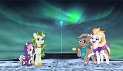 Size: 1864x1080 | Tagged: safe, leaf pony, violette rainbow, earth pony, pony, unicorn, g5, my little pony: tell your tale, apron, aurora(sky), clothes, cocoa (wild manes), female, filly, finley (wild manes), fish tail, flower, flower in hair, foal, horn, laser beam(lamp), leaves, leaves in hair, looking at you, mare, mermaid tail, night, sky, smiling, smiling at you, snow, stars, tail, vitiligo, wild manes