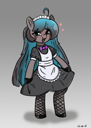 Size: 1086x1515 | Tagged: safe, artist:n-o-n, oc, oc only, oc:tundra, oc:tundra sparkle, earth pony, pony, apron, bipedal, clothes, cute, dress, fishnet clothing, fishnet stockings, frilly, long hair, looking at you, maid, maid headdress, ribbon, smiling, smiling at you, stockings, thigh highs