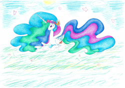 Size: 2204x1550 | Tagged: safe, artist:bluemagic, princess celestia, alicorn, butterfly, pony, g4, ethereal mane, ethereal tail, horn, lying down, prone, tail, wings