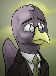 Size: 624x840 | Tagged: safe, artist:notoriousnostalgia, oc, oc only, oc:ceron greytalon, griffon, equestria at war mod, beak, bust, clothes, digital art, facial hair, folded wings, glasses, gradient background, griffon oc, jacket, male, moustache, necktie, new characters for equestria at war, new characters for equestria at war mod, portrait, solo, suit, wings