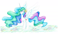 Size: 2146x1310 | Tagged: safe, artist:bluemagic, princess celestia, alicorn, pony, g4, ethereal mane, ethereal tail, horn, spread wings, tail, wings