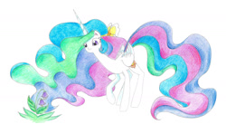 Size: 1976x1172 | Tagged: safe, artist:bluemagic, princess celestia, alicorn, pony, g4, ethereal mane, ethereal tail, flower, horn, simple background, tail, white background, wings