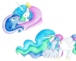 Size: 1986x1596 | Tagged: safe, artist:bluemagic, princess celestia, princess luna, alicorn, pony, g4, crying, ethereal mane, ethereal tail, horn, jewelry, regalia, s1 luna, simple background, tail, white background, wings