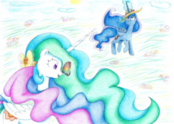 Size: 2226x1584 | Tagged: safe, artist:bluemagic, princess celestia, princess luna, alicorn, butterfly, pony, g4, ethereal mane, ethereal tail, hat, horn, tail, wings