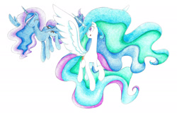 Size: 2146x1400 | Tagged: safe, artist:bluemagic, princess celestia, princess luna, alicorn, pony, g4, ethereal mane, ethereal tail, flying, horn, simple background, spread wings, tail, white background, wings