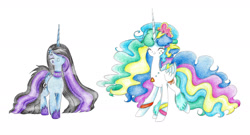 Size: 2000x1076 | Tagged: safe, artist:bluemagic, princess celestia, princess luna, alicorn, pony, g4, 80s princess celestia, horn, punk luna, simple background, white background, wings