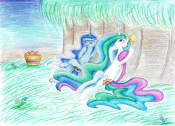 Size: 2202x1582 | Tagged: safe, artist:bluemagic, princess celestia, princess luna, alicorn, pony, g4, ethereal mane, ethereal tail, fruit, horn, lying down, on back, tail, wings