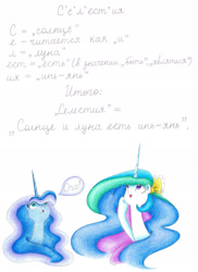 Size: 1700x2338 | Tagged: safe, artist:bluemagic, princess celestia, princess luna, pony, g4, cursive writing, cyrillic, ethereal mane, horn, russian, speech bubble, text