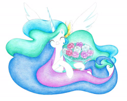 Size: 2110x1690 | Tagged: safe, artist:bluemagic, princess celestia, alicorn, pony, g4, bouquet, bouquet of flowers, ethereal mane, flower, horn, simple background, smiling, spread wings, white background, wings