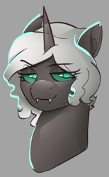 Size: 478x778 | Tagged: safe, artist:poxy_boxy, oc, oc only, oc:kitu elder, changeling, changeling queen, bedroom eyes, bust, changeling oc, ears, female, gray coat, horn, portrait, simple background, smug, solo, solo female, teal eyes, white mane