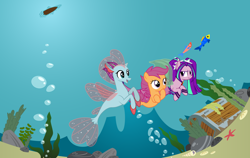 Size: 1276x804 | Tagged: safe, artist:andrevus, artist:cloudy glow, artist:saphirabjarskular, aria blaze, ocellus, scootaloo, fish, mermaid, merpony, pony, seapony (g4), g4, bubble, crack shipping, cute, cutealoo, diaocelles, disguise, disguised changeling, female, filly, foal, lesbian, looking at each other, looking at someone, lucky bitch, mare, mermaidized, open mouth, open smile, ponified, rock, scootalove, seaponified, seapony ocellus, seapony scootaloo, seaweed, ship:arialoo, ship:arialoollus, ship:scootacellus, shipping, smiling, smiling at each other, species swap, treasure chest, trio, underwater, water