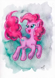 Size: 567x800 | Tagged: safe, artist:bezeba, pinkie pie, earth pony, g4, abstract background, open mouth, signature, traditional art, watercolor painting