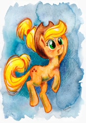 Size: 560x800 | Tagged: safe, artist:bezeba, applejack, earth pony, g4, abstract background, hat, open mouth, signature, traditional art, watercolor painting