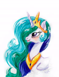 Size: 4867x6330 | Tagged: safe, artist:bezeba, princess celestia, alicorn, pony, g4, ethereal mane, jewelry, regalia, signature, simple background, traditional art, watercolor painting