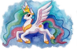 Size: 950x645 | Tagged: safe, artist:bezeba, princess celestia, alicorn, pony, g4, abstract background, ethereal mane, ethereal tail, flying, jewelry, regalia, spread wings, tail, traditional art, watercolor painting, wings