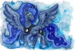 Size: 950x638 | Tagged: safe, artist:bezeba, princess luna, alicorn, pony, g4, abstract background, ethereal mane, ethereal tail, jewelry, regalia, spread wings, tail, traditional art, watercolor painting, wings