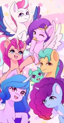 Size: 500x960 | Tagged: safe, artist:flutter._marine, hitch trailblazer, izzy moonbow, misty brightdawn, pipp petals, sparky sparkeroni, sunny starscout, zipp storm, dragon, earth pony, pegasus, pony, unicorn, g5, abstract background, baby, baby dragon, female, group photo, horn, looking at you, male, mane five, mane seven (g5), mane six (g5), mane stripe sunny, mare, phone wallpaper, rebirth misty, stallion, wallpaper