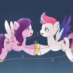 Size: 736x736 | Tagged: safe, artist:flutter._marine, pipp petals, zipp storm, pegasus, pony, g5, abstract background, duo, duo female, female, holding hooves, looking at each other, looking at someone, mare, night, night sky, portrait day, royal sisters (g5), siblings, sisters, sky