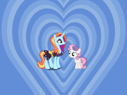 Size: 959x718 | Tagged: artist needed, safe, anonymous artist, artist:ready2fail, artist:xebck, sassy saddles, sweetie belle, pony, unicorn, crack shipping, cute, diasweetes, duo, eyeshadow, female, filly, foal, grin, heart, heart background, horn, lesbian, looking at each other, looking at someone, makeup, mare, sassybetes, ship:sassybelle, shipping, smiling, smiling at each other