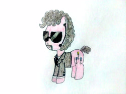 Size: 4032x3016 | Tagged: safe, pinkie pie, earth pony, pony, g4, alternate hair color, alternate hairstyle, bodyguard, clothes, facial hair, female, gray mane, gray tail, jacket, mare, moustache, pinktober, pinktober 2023, short tail, solo, standing, sunglasses, tail, traditional art