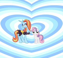 Size: 1294x1200 | Tagged: artist needed, safe, anonymous artist, artist:firestorm-can, artist:koolfrood, sassy saddles, sweetie belle, pony, unicorn, blushing, crack shipping, cute, diasweetes, duo, eyeshadow, female, filly, foal, grin, heart, heart background, hoof on cheek, horn, lesbian, makeup, mare, open mouth, open smile, sassybetes, ship:sassybelle, shipping, smiling