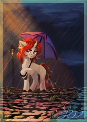 Size: 742x1038 | Tagged: safe, artist:thatonegib, oc, oc only, oc:boxen, pony, unicorn, horn, outdoors, rain, solo, umbrella