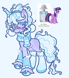 Size: 1722x1935 | Tagged: safe, artist:onionpwder, twilight sparkle, oc, oc:powder snow, pony, unicorn, g4, adoptable, alternate versions at source, blank flank, blue background, blue eyeshadow, blue hooves, blue mane, blue scarf, blue tail, blush lines, blushing, bun, clothes, colored eyelashes, colored hooves, colored pupils, curly mane, curly tail, cute, ear piercing, ear tufts, earring, eyelashes, eyeshadow, female, female oc, hair tie, headband, hoof shoes, hooves, horn, horn warmer, jewelry, lavender coat, leg warmers, lidded eyes, light blue background, light blue mane, light blue tail, long tail, looking at you, makeup, mane tie, mare, mare oc, piercing, pop mart, purple blush, purple coat, purple eyelashes, purple pupils, reference used, scarf, shiny hooves, shoes, shy, shy smile, simple background, skullpanda, smiling, smiling at you, socks, solo focus, standing, striped scarf, tail, tail tie, three quarter view, tied mane, tied tail, two toned eyes, unicorn horn, unicorn oc